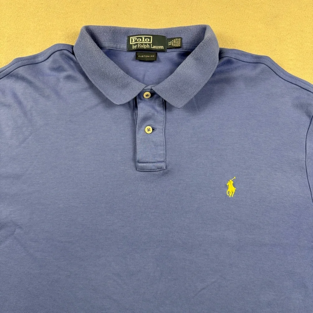 Polo Ralph Lauren Custom Fit Blue Polo Shirt Men Xlarge Short Sleeve Yellow Pony